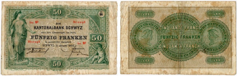 SCHWEIZ 
 Schwyz 
 Kantonalbank Schwyz. 50 Franken vom 2. Januar 1902. Emissio...