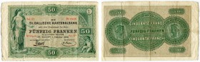 SCHWEIZ 
 St. Gallen 
 50 Franken vom 1. Oktober 1896. Emission von 1881-1907. Richter/Kunzmann K107e. Pick S459. Sehr selten. Zirkuliert. Mehrfach ...