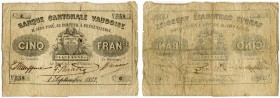 SCHWEIZ 
 Waadt/Vaud 
 Banque Cantonale Vaudoise. 5 Franken vom 1. September 1857. Richter/Kunzmann KA241a. Pick S557. Von grösster Seltenheit. Kein...