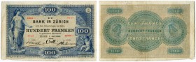 SCHWEIZ 
 Zürich 
 Bank in Zürich. 100 Franken vom 1. Juli 1883. Emission von 1881-1907. Richter/Kunzmann K141a. Pick S608. Sehr selten in dieser Er...