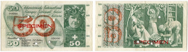 SCHWEIZ 
 5. Emission 
 50 Franken vom 7. Juli 1955. Specimen. Seriennummer 00...