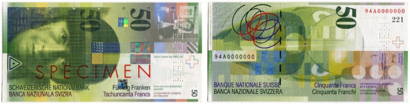 SCHWEIZ 
 8. Emission 
 Lot. Specimen-Serie. 50 Franken von 1994. 100 Franken ...