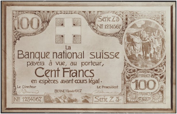 SCHWEIZ 
 Proben 
 Unbekannter Entwurf zu einer Note zu 100 Franken vom 1. Jan...