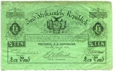 SÜDAFRIKA 
 Südafrikanische Republik. 1 Pfund vom 25. Januar 1872. Pick 39. Leichte Falten in den Ecken und 2 kl. Löcher. Sehr selten in dieser hervo...