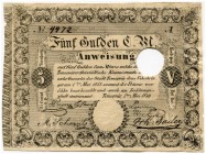UNGARN 
 5 Gulden C.M. (Conventions Münze) vom 1. Mai 1849. Richter B23a. Pick S197b. Selten. Gerissene Lochentwertung repariert. III