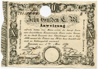UNGARN 
 10 Gulden C.M. (Conventions Münze) vom 1. Mai 1849. Richter B23b. Pick S198b. Sehr selten. Senkrecht gefaltet und hervorragend erhalten. II+...
