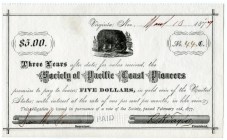 UNITED STATES OF AMERICA / USA 
 Nevada 
 Virginia City. 5 Dollars 1877 certificate from the “Society of Pacific Coast Pioneers”. With stamp “PAID”....