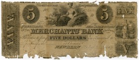 UNITED STATES OF AMERICA / USA 
 North Carolina 
 Merchants Bank of New Bern. 5 Dollars of November 8th 1845. Haxby NC-45/G6 with signatures. Rare. ...