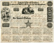 UNITED STATES OF AMERICA / USA 
 Texas 
 10% Coupon Bond of 500 Dollars. Austin, February 5th 1840. Nr. 188. 25 x 19.5 cm. 10 coupons. Vignette of M...