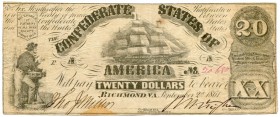 UNITED STATES OF AMERICA / USA 
 Confederate Paper Money 
 20 / XX Dollars of September 2nd 1861. Fricke Type 18. Little hole. Folded. III