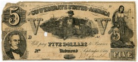 UNITED STATES OF AMERICA / USA 
 Confederate Paper Money 
 Lot. 5 / V Dollars of September 2nd 1861. Contemporary counterfeit. 5 / V Dollars of Sept...