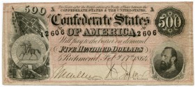 UNITED STATES OF AMERICA / USA 
 Confederate Paper Money 
 500 Dollars of February 17th 1864. Fricke Type 64. Partial red stamp. 2 times folded. III