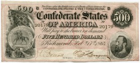UNITED STATES OF AMERICA / USA 
 Confederate Paper Money 
 500 Dollars of February 17th 1864. Fricke Type 64. Partial red stamp. 1 pin hole. Vertica...