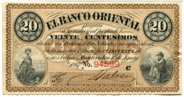 URUGUAY 
 Banco Oriental, Montevideo. 20 Centesimos vom 1. August 1867. Pick S381. Seltene Note in schöner Erhaltung. II
