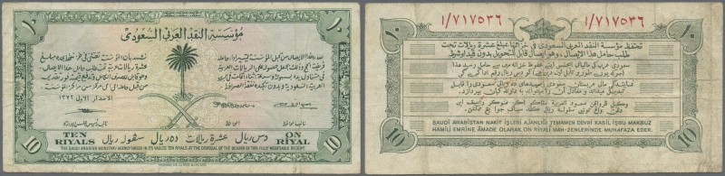 Saudi Arabia: 10 Riyals ND(1952) ”Haj Pilgrim” P. 1, rare note, used with folds ...