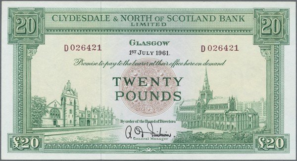 Scotland: Clydesdale & North of Scotland Bank Ltd 20 Pounds 1961 P. 193b, 2 ligh...