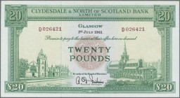 Scotland: Clydesdale & North of Scotland Bank Ltd 20 Pounds 1961 P. 193b, 2 light vertical folds, crisp paper and bright colors, condition: VF+ to XF-...