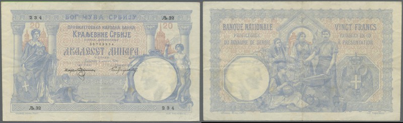 Serbia: 20 Dinara 1905, P.11, rare note in very nice condition with vertical fol...