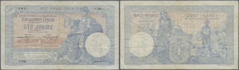 Serbia: 100 Francs 1905 P. 12 a, used with stronger center fold, several other f...