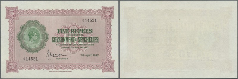 Seychelles: 5 Rupees 1942 P. 8, only one very light center fold and a tiny dint ...