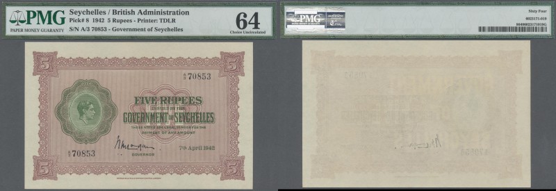 Seychelles: 5 Rupees 1942, P.8 in exceptional great condition, PMG graded 64 Cho...
