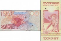 Seychelles: 100 Rupees ND Specimen P. 26s with red ”Specimen” overprint on front and back, one cancellation hole. Printed without signatures or serial...