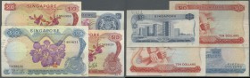 Singapore: small set with 4 Banknotes of the 'Flower' series 1967-73 with 1, 2 x 10 and 50 Dollars, P.1a, 3a,b, 5b, all with several folds, lightly st...