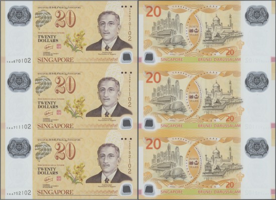 Singapore: set of 3 uncut notes 20 Dollars 2007 P. 53 in condition: UNC.