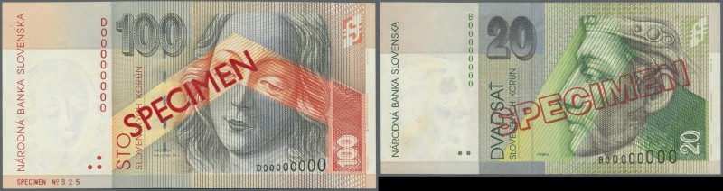 Slovakia: set of 2 Specimen notes containing 20 and 100 Korun 1996 & 1997 P. 20s...