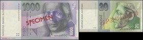 Slovakia: set of 2 Specimen notes containing 20 and 1000 Korun 1995 P. 20s, 24s, first in UNC, second in VF+. (2 pcs)