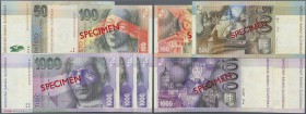 Slovakia: set with 5 Specimen notes comprising 100 Korun 1999 Specimen P.25cs (UNC), 500 Kroun 2000 Specimen P.31s (aUNC) and 3 x 1000 Korun 1993, 199...