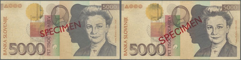Slovakia: set of 2 Specimen notes containing 5000 Tolarjev 1997 in a design at u...