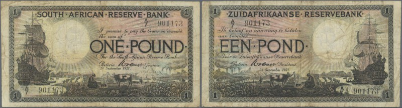 South Africa: 1 Pound 1921 P. 75, used with several folds and stain in paper, bo...