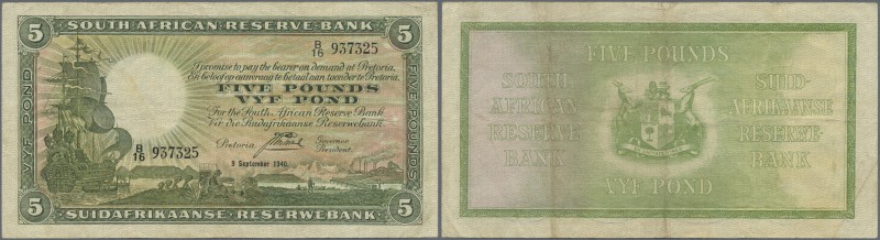 South Africa: 5 Pounds 1940 P. 86, used with folds and creases but no holes or t...