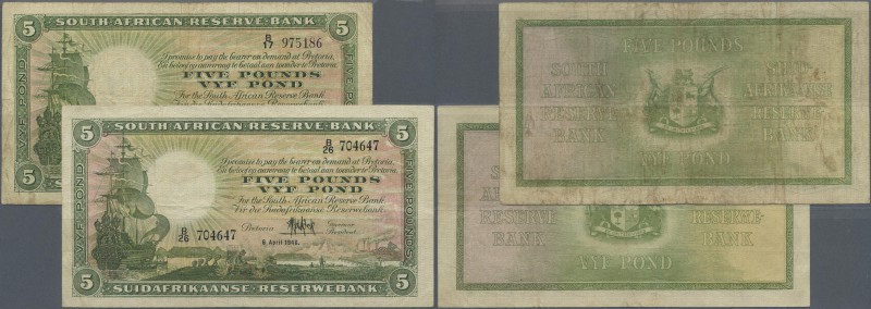 South Africa: set of 2 notes 5 Pounds 1941 and 1946, both with normal traces of ...