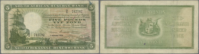 South Africa: 5 Pounds 1929 P. 86a in used condition with several folds and crea...