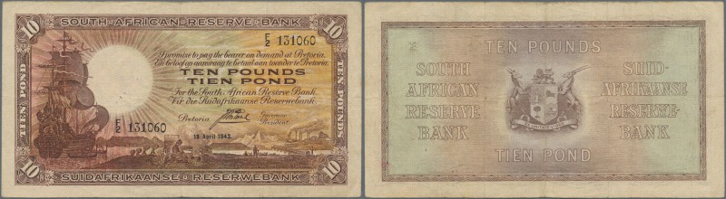 South Africa: 10 POunds 1943 P. 87, used with folds and pinholes, no tears, stil...