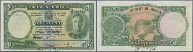 Southern Rhodesia: 1 Pound 1938 SPECIMEN, P.10es, perforated ”Specimen” at lower...