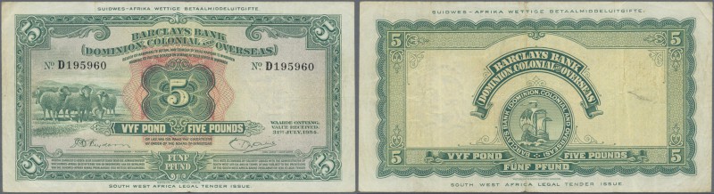 Southwest Africa: 5 Pounds 1954 P. 3c, seldom offered note, used with folds and ...