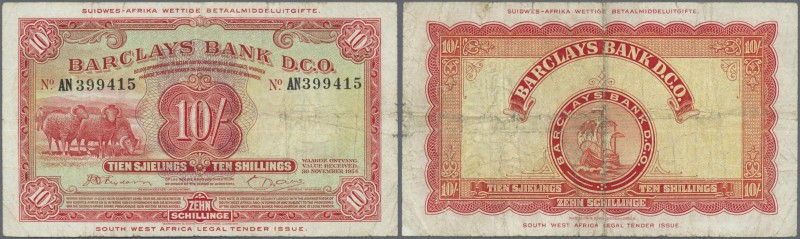 Southwest Africa: 10 Shillings 1954 P. 4a, stonger folds in paper, a minor split...
