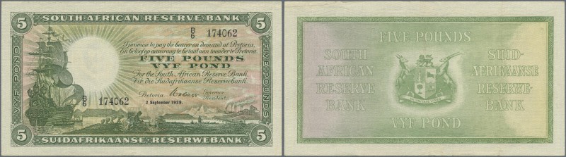 Southwest Africa: 5 Pounds 1929 P. 86a, 4 vertical folds, no holes or tears, sti...