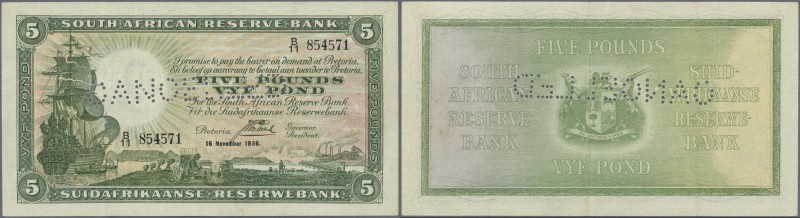 Southwest Africa: 5 Pounds 1936 P. 86b, only light folds in paper, no holes or t...