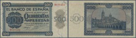 Spain: 500 Pesetas 1936 with cancellation perforation P. 102s, regular serial number, vertical fold, light handling in paper, condition: VF+.