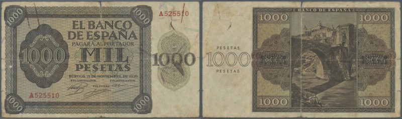 Spain: 1000 Pesetas 1936, Burgos, P.103, seldom offered note in well worn condit...