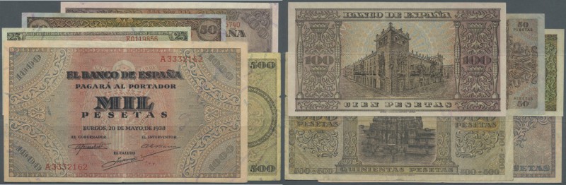 Spain: Set of 5 notes containing 25 Pesetas 1938 P. 111 (VF), 50 Pesetas 1938 P....