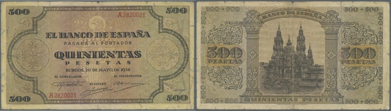 Spain: 500 Pesetas 1938 P. 114a, stronger used with strong center fold, 2 other ...