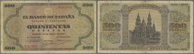 Spain: 500 Pesetas 1938 P. 114a, stronger used with strong center fold, 2 other vertical folds, handling in paper, border tears, but no repairs, condi...