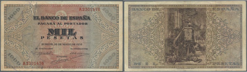 Spain: 1000 Pesetas 1938 P. 115a, used with horizontal and vertical folds, creas...