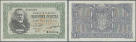Spain: 50 Pesetas 1940 Specimen P. 117s, with cancellation perforation, regular serial number, light traces of former attachment to cardboard at left,...