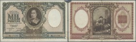 Spain: 1000 pesetas 1940 P. 120, used with center fold and normal traces of use, no holes, a missing part at upper right corner, condition: F-.